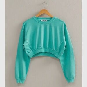 Crew Neck Long Sleeve Crop Sweatshirt - Turquoise